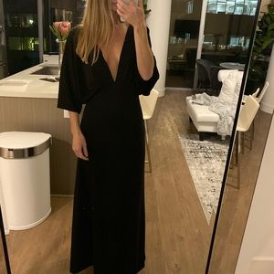 Deep V neck black maxi dress plunging neckline gown